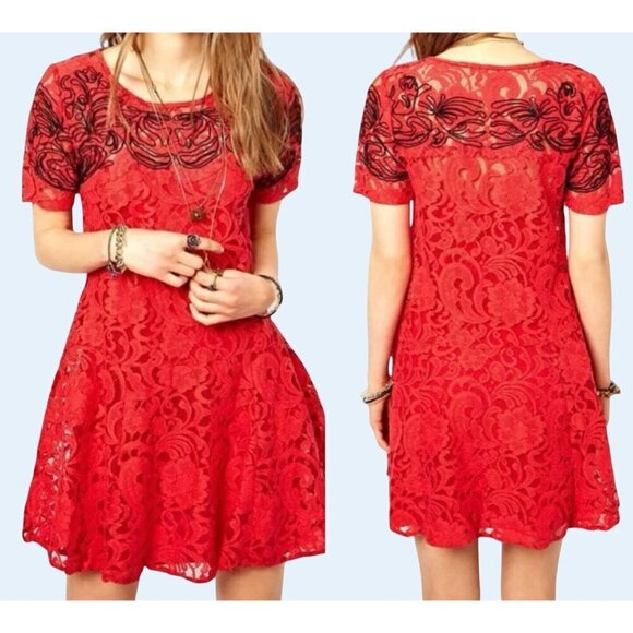 FREE PEOPLE Beautiful Dreamer Red Lace Short Sleeve Dress Size Small - Picture 1 of 7